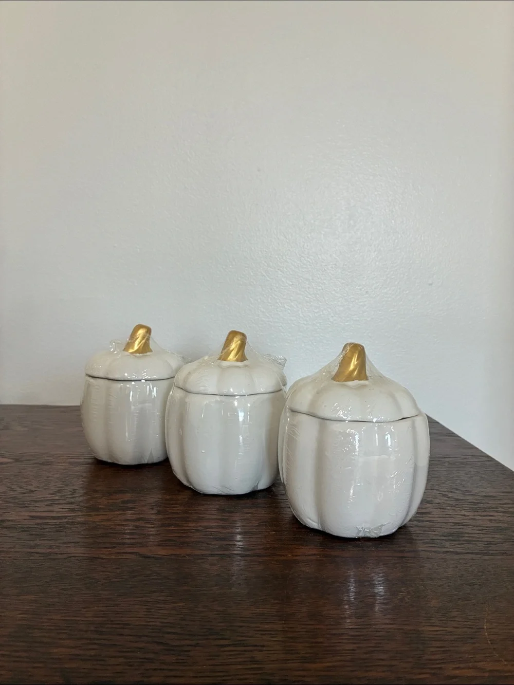 NWT- Set of 3- White Ceramic Pumpkin Jars with Lid & Gold Stems